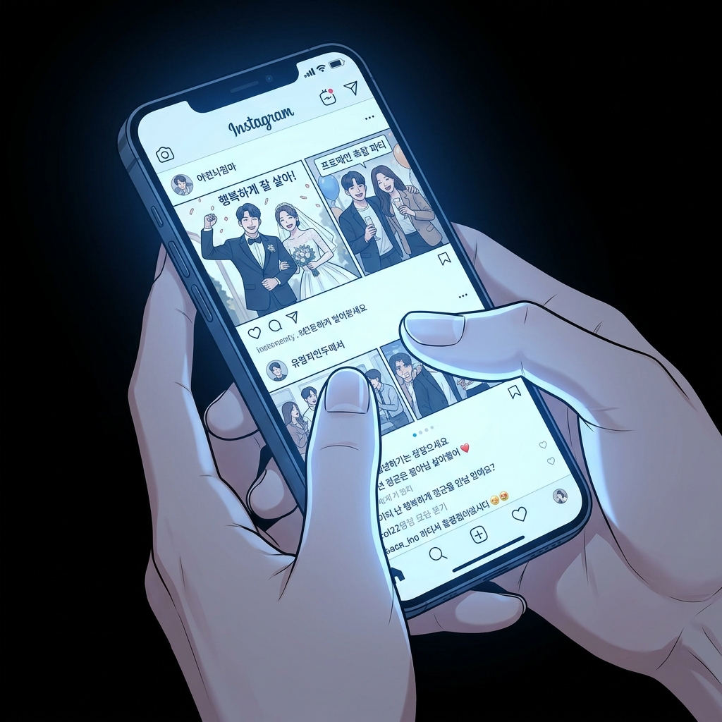 친구들 SNS / 승진, 결혼, 해외여행 소식들 / 스크롤하는 손